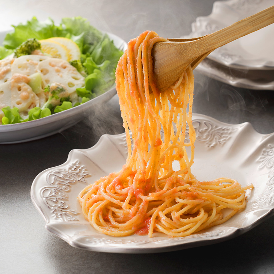 本格パスタソースたっぷり絡まる明太子