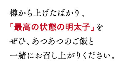 樽から上げたばかり、「最高の状態の明太子」