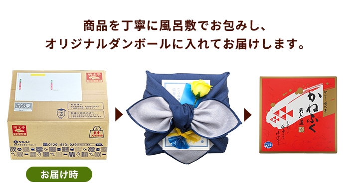 商品は、丁寧に風呂敷でお包みし、かねふくオリジナルダンボールに入れてお届けします。