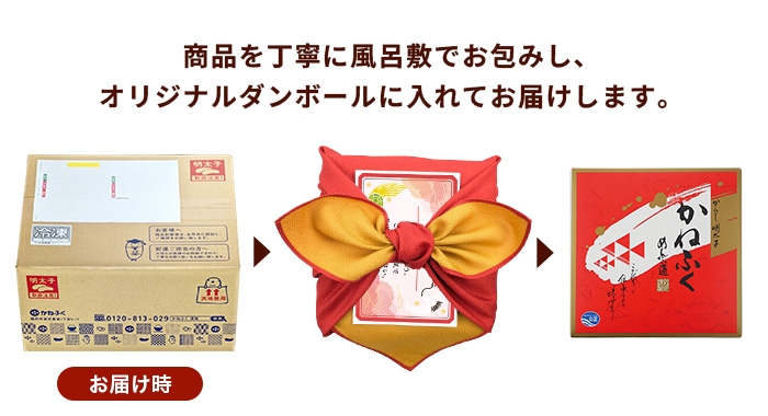 商品は、丁寧に風呂敷でお包みし、かねふくオリジナルダンボールに入れてお届けします。