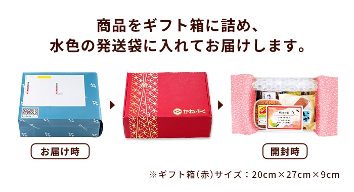 商品をギフト箱に詰め、水色の発送袋に入れてお届けします。ギフト箱サイズ：20cm×27cm×9cm