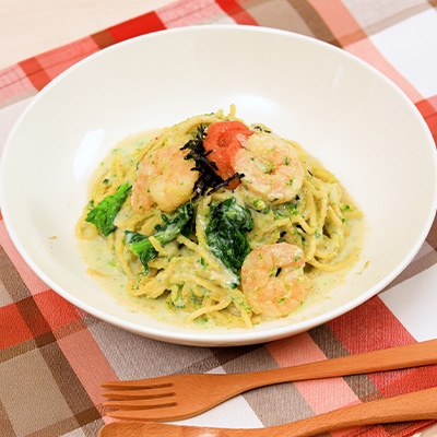 明太子と菜の花のワンパン豆乳パスタ